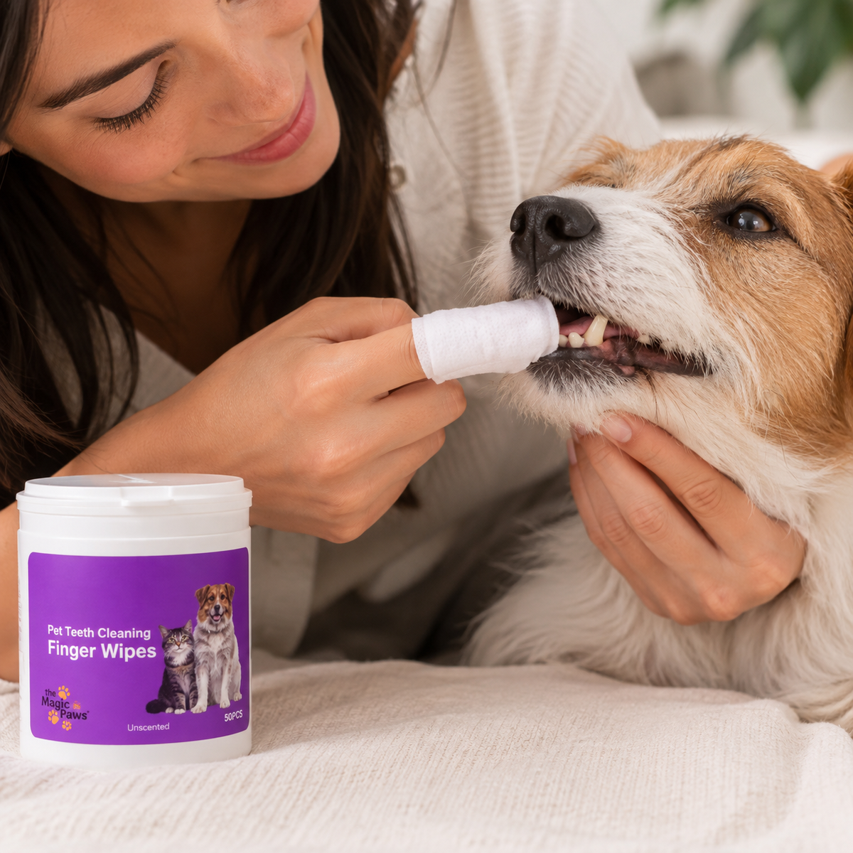 A pet parent cleaning her dog's teeth with a Magic Paws finger wipe