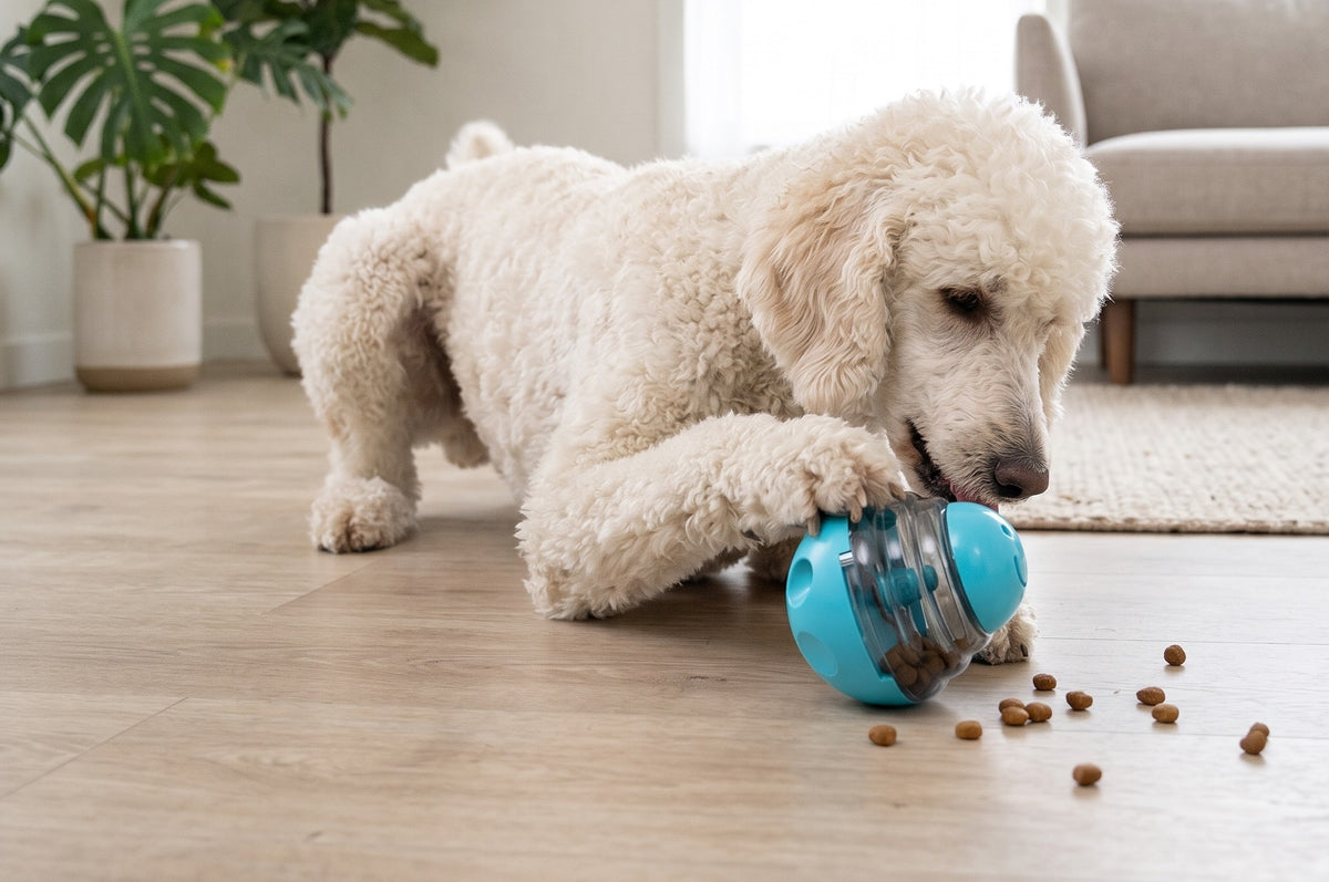 A dog in goggles playing with a pink treat-dispensing ball